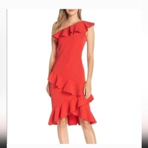 Vince Camuto Beautiful Red One Shoulder Ruffle Dress Like New Size 8